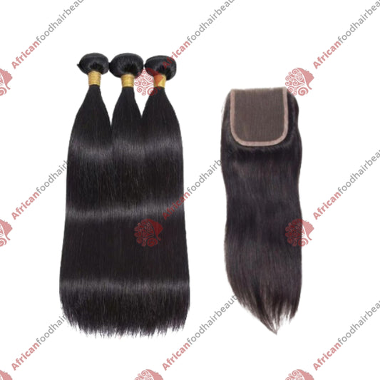 Nulook Hair 100% Virgin Human Hair Straight Bundles + Lace Closure