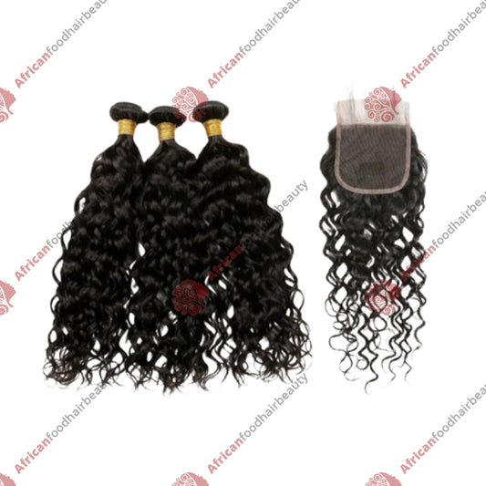 Nulook Hair 100% Virgin Human Hair Water Wave Bundles + Lace Closure